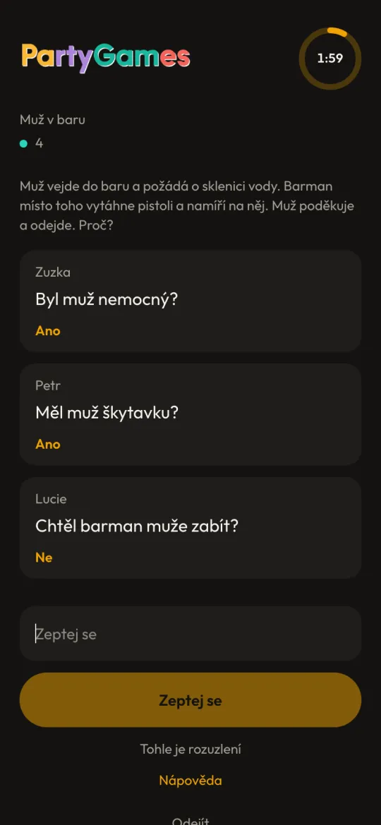Otázky hráčů a odpovědi vypravěče ano nebo ne