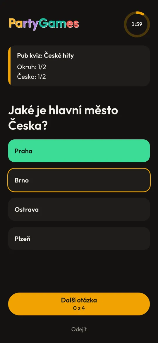 Vyhodnocení otázky: zelená je správná odpověď, orámovaná ta vaše